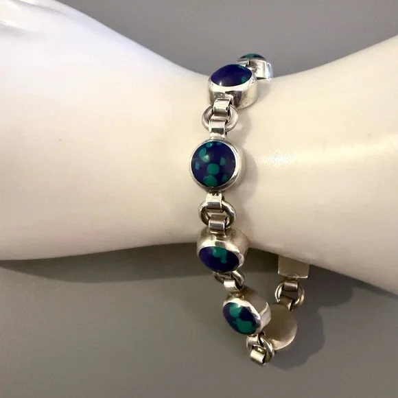 Taxco Silver Bracelet with Blue and Green Accents - Picture 7 of 9